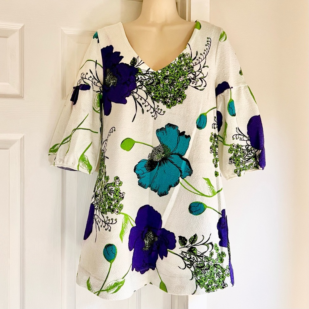 💟 ANTHROPOLOGIE Deletta Floral Puff Sleeve Tunic Top V-Neck Blouse Bohemian M